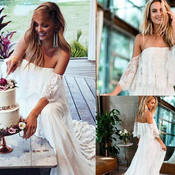 2021 boho lace beach wedding dresses off the shoulder bridal gown sweep train with 1/2 half sleeves custom made plus size vestido de novia, White
2021 boho lace beach wedding dresses off the shoulder bridal gown sweep train with 1/2 half sleeves custom made plus size vestido de novia, White