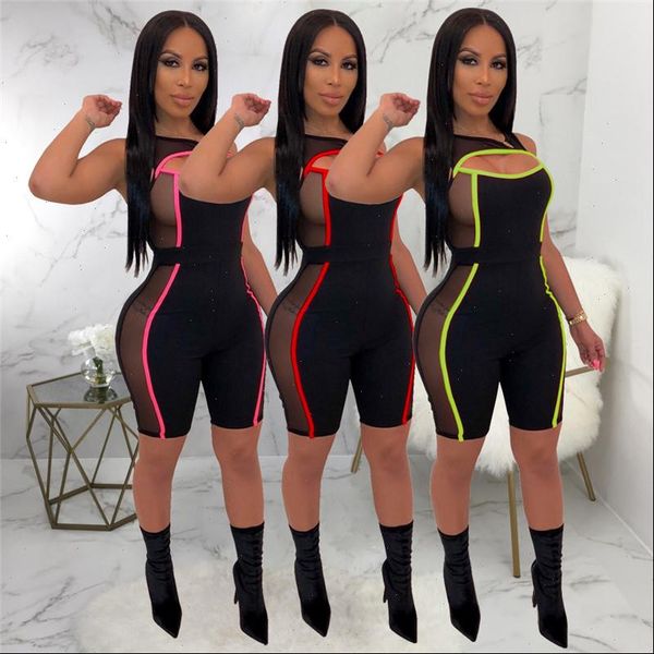 women jumpsuit sleeveless mesh patchwork see through bodysuit one piece cut off hole rompers beach sports playsuit, Black;white 
women jumpsuit sleeveless mesh patchwork see through bodysuit one piece cut off hole rompers beach sports playsuit, Black;white