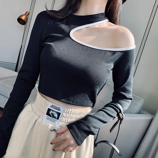 women's t-shirt o stitching color t shirt women tight hollow long-sleeved off-the-shoulder short exposure navel tshirt, White
women's t-shirt o stitching color t shirt women tight hollow long-sleeved off-the-shoulder short exposure navel tshirt, White