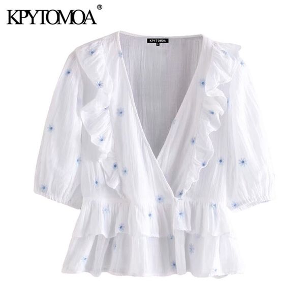 women sweet fashion floral embroidery ruffled blouses vintage v neck short sleeve female shirts blusas chic 210420, White
women sweet fashion floral embroidery ruffled blouses vintage v neck short sleeve female shirts blusas chic 210420, White