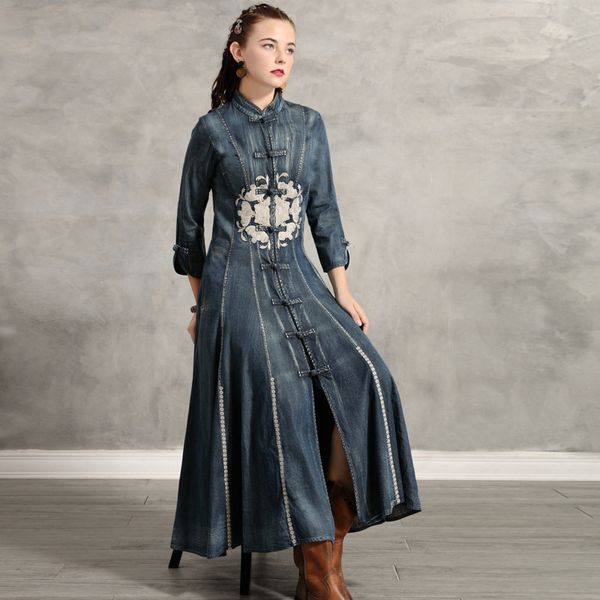 johnature women embroidery floral dresses button vintage denim patchwork autumn clothes chinese style female dresses 210521, Black;gray
johnature women embroidery floral dresses button vintage denim patchwork autumn clothes chinese style female dresses 210521, Black;gray