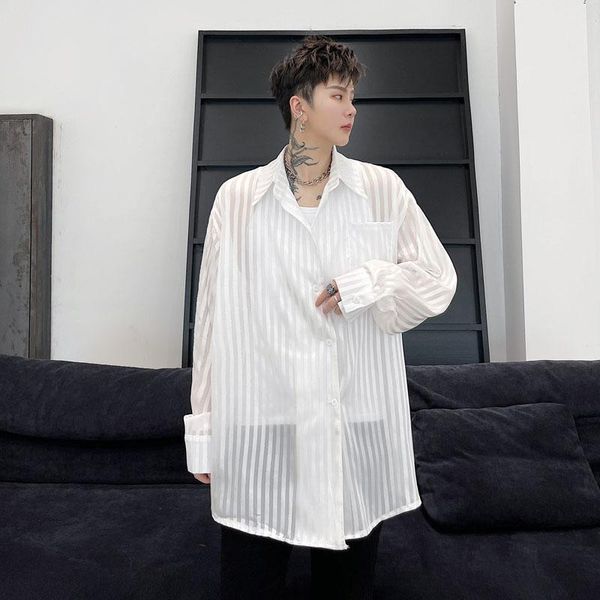 men's casual shirts translucent gold wire stripe men loose long sleeve streetwear vintage party dress male stage clothing, White;black
men's casual shirts translucent gold wire stripe men loose long sleeve streetwear vintage party dress male stage clothing, White;black