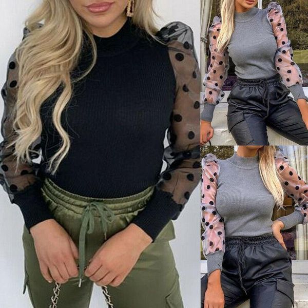 women's t-shirt 2021 fashion women turtle neck mesh dots puff long sheer sleeve sweater pullover shirts, White
women's t-shirt 2021 fashion women turtle neck mesh dots puff long sheer sleeve sweater pullover shirts, White