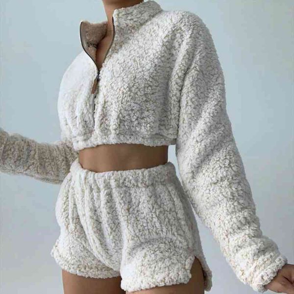 winter women fleece two piece set long sleeve crop shorts sets zipper warm lounge wear outfits chandal mujer, White
winter women fleece two piece set long sleeve crop shorts sets zipper warm lounge wear outfits chandal mujer, White