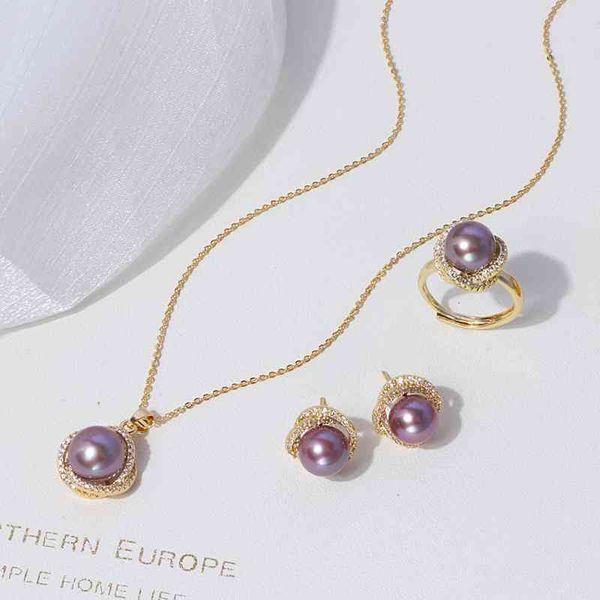 live bird's nest gold plated jewelry natural purple pearl necklace ring earring jewelry three piece set, Black
live bird's nest gold plated jewelry natural purple pearl necklace ring earring jewelry three piece set, Black