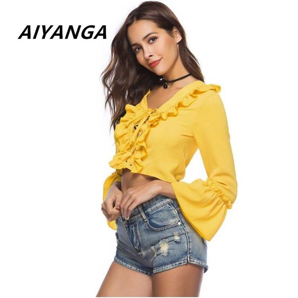 fashion summer women chiffon blouse lace up v neck ruffles three quarter sleeve yellow cropped casual shirts women's blouses &, White
fashion summer women chiffon blouse lace up v neck ruffles three quarter sleeve yellow cropped casual shirts women's blouses &, White