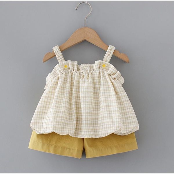 clothing sets summer kids girls korean style plaid sling shorts, White 
clothing sets summer kids girls korean style plaid sling shorts, White