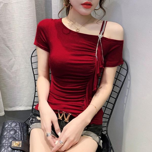 summer european clothes ruffles women slash neck folds diamonds chain ropa mujer short sleeve tees t04917, White
summer european clothes ruffles women slash neck folds diamonds chain ropa mujer short sleeve tees t04917, White