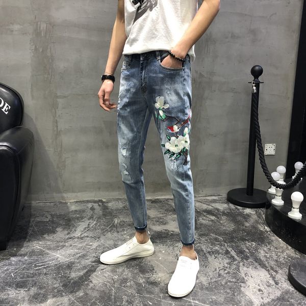 men's jeans wholesale embroidery handsome jeans men's small feet brand social spirit guy hole korean teenagers pencil pants mcsw, Blue
men's jeans wholesale embroidery handsome jeans men's small feet brand social spirit guy hole korean teenagers pencil pants mcsw, Blue