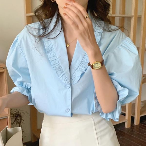 women's blouses & shirts korean chic summer gentle milk soft blue lapel wood ear stitching single-breasted loose puff sleeve shirt top, White
women's blouses & shirts korean chic summer gentle milk soft blue lapel wood ear stitching single-breasted loose puff sleeve shirt top, White