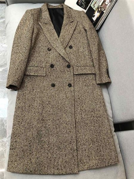 women's wool & blends woolen overcoat women 2021 herringbone tweed suit collar h-type double row button long winter, Black 
women's wool & blends woolen overcoat women 2021 herringbone tweed suit collar h-type double row button long winter, Black