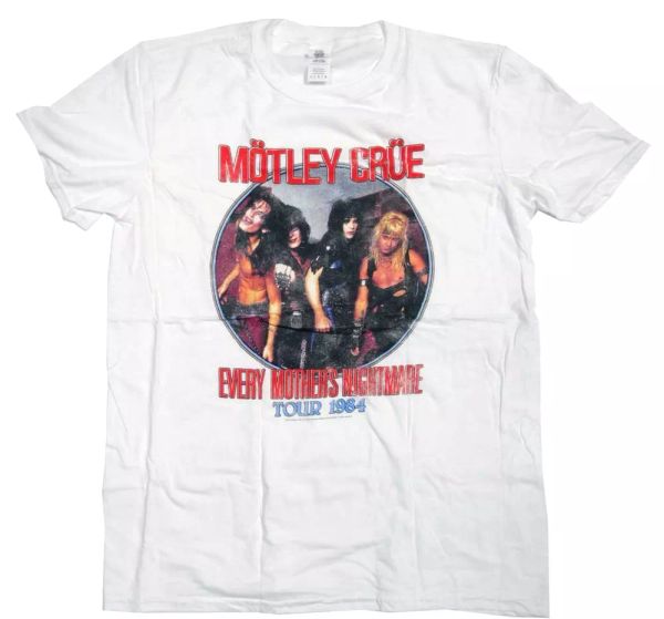 motley crue every mothers nightare tour 1984 licensed men t-shirt, White;black 
motley crue every mothers nightare tour 1984 licensed men t-shirt, White;black