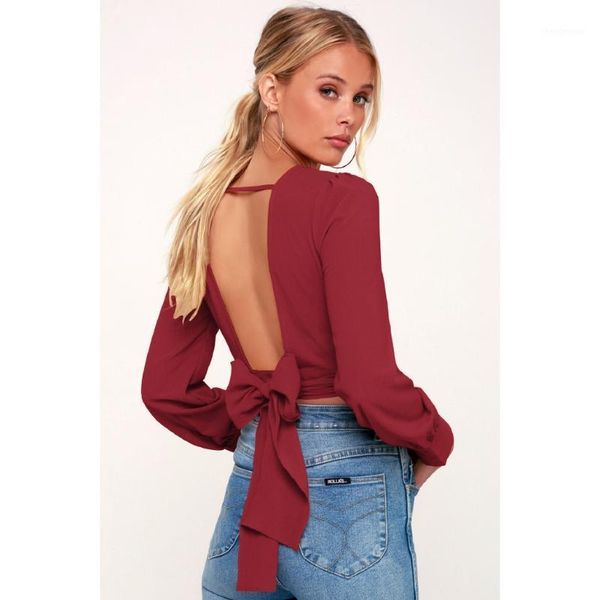 long sleeve women casual backless shirt blouse fashion slim crop women's blouses & shirts, White
long sleeve women casual backless shirt blouse fashion slim crop women's blouses & shirts, White