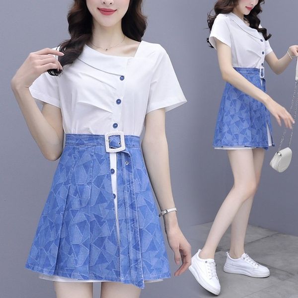 summer women sets short sleeve single breasted long shirts + denim skirts vintage two-piece sets 210531, White
summer women sets short sleeve single breasted long shirts + denim skirts vintage two-piece sets 210531, White