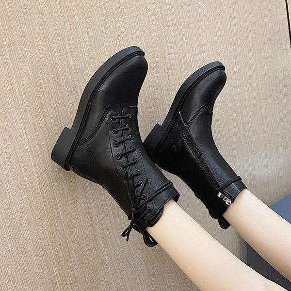 boots 2021 spring women ankle cowhide upper shoes black fashion thick sole leather