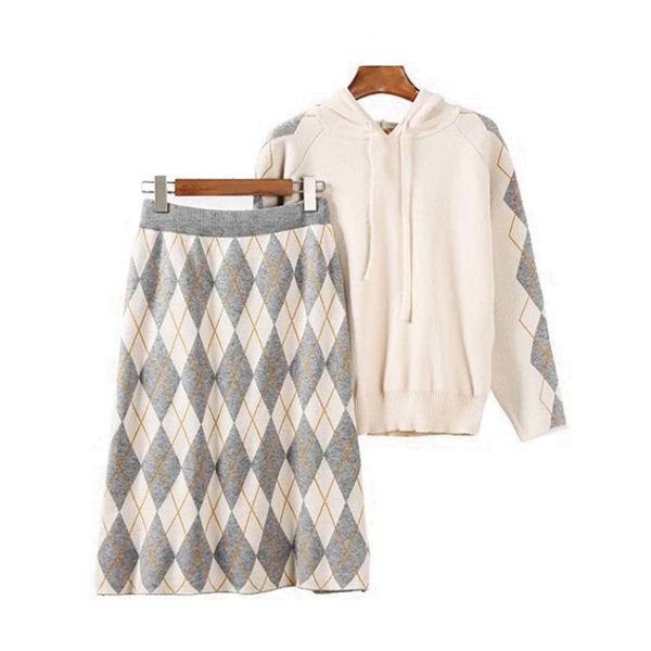 women knit beige hooded long sleeve pullover knee length skirt plaid two pieces set elegant t0040 210514, White
women knit beige hooded long sleeve pullover knee length skirt plaid two pieces set elegant t0040 210514, White