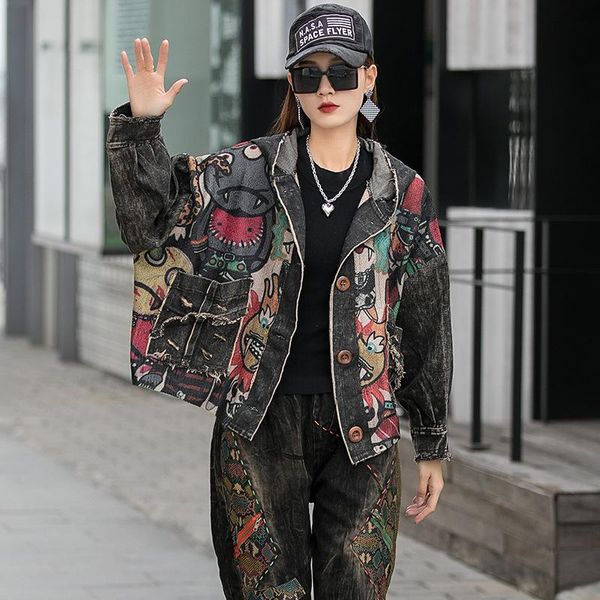 women's jackets 2021 autumn spliced print washed hole coat woman hooded loose denim full sleeve single breasted casual female streetwea, Black;brown
women's jackets 2021 autumn spliced print washed hole coat woman hooded loose denim full sleeve single breasted casual female streetwea, Black;brown