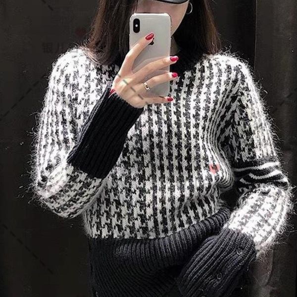 women's sweaters round neck mink sweater striped houndstooth bottoming fall for women pullover, White;black
women's sweaters round neck mink sweater striped houndstooth bottoming fall for women pullover, White;black