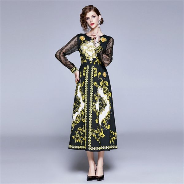 spring fashion runway dres's long sleeve lace printed round neck stitching vestidos 210531, Black;gray
spring fashion runway dres's long sleeve lace printed round neck stitching vestidos 210531, Black;gray
