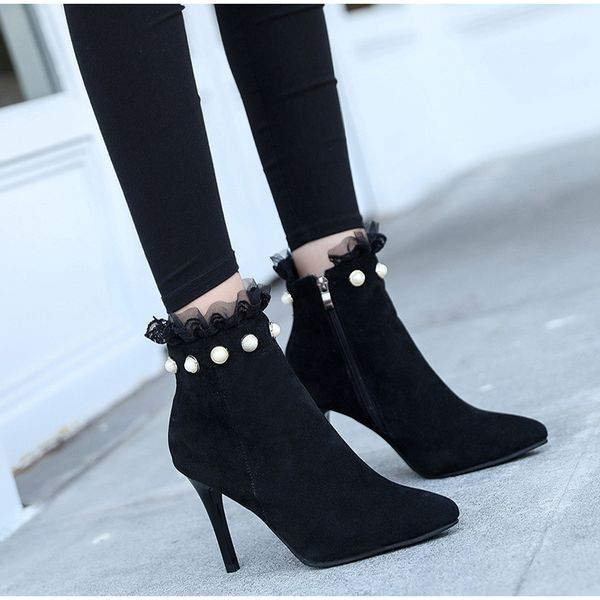women pointed toe pearl zipper ankle boots lace pump thin high heels female autumn ladies flock elegant fashion shoes1, Black
women pointed toe pearl zipper ankle boots lace pump thin high heels female autumn ladies flock elegant fashion shoes1, Black