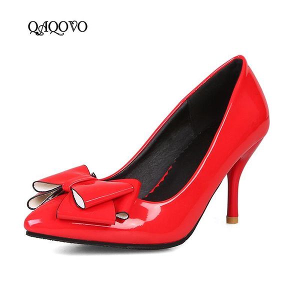 women shoes bow knot high heels fashion patent leather thin pumps slip on pointed party dress female, Black