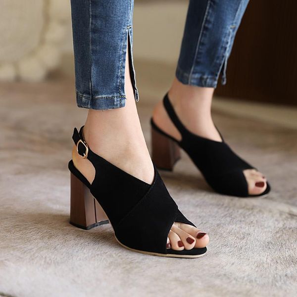 frosted material comfortable suede round head thick high heel temperament office women's shoes 2021 summer sandals, Black
frosted material comfortable suede round head thick high heel temperament office women's shoes 2021 summer sandals, Black