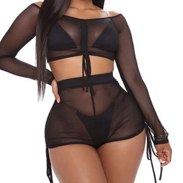 women's swimwear y2k women see-through cover up clothes set black long sleeve crop and high waist shorts for beach seaside, White;black
women's swimwear y2k women see-through cover up clothes set black long sleeve crop and high waist shorts for beach seaside, White;black