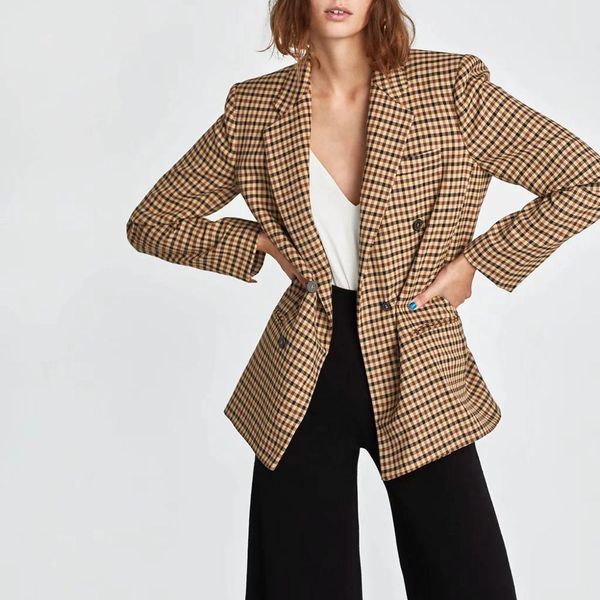 autumn women's suit plaid jacket casual vintage chic coat female za style blazer double-breasted outerwear women 210420, White;black
autumn women's suit plaid jacket casual vintage chic coat female za style blazer double-breasted outerwear women 210420, White;black