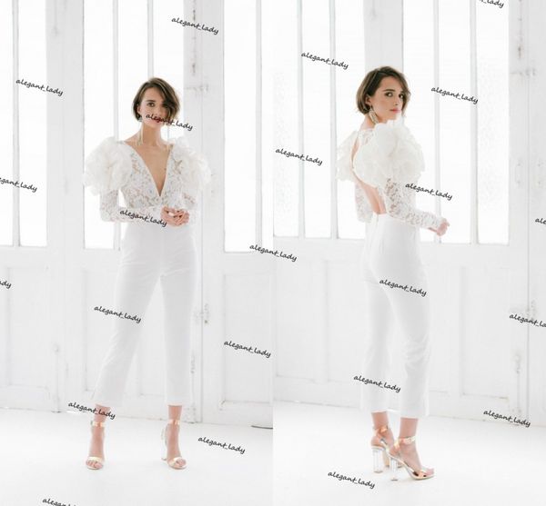 ruffles floral long sleeve wedding jumpsuit 2021 lace v-neck robe de soiree beach bridal gown with pant suit, White
ruffles floral long sleeve wedding jumpsuit 2021 lace v-neck robe de soiree beach bridal gown with pant suit, White
