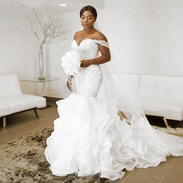 ruffle organza mermaid wedding dress lace beads pearls off-the-shoulder trumpet bridal gown custom made african vestidos de novia mariage, White
ruffle organza mermaid wedding dress lace beads pearls off-the-shoulder trumpet bridal gown custom made african vestidos de novia mariage, White
