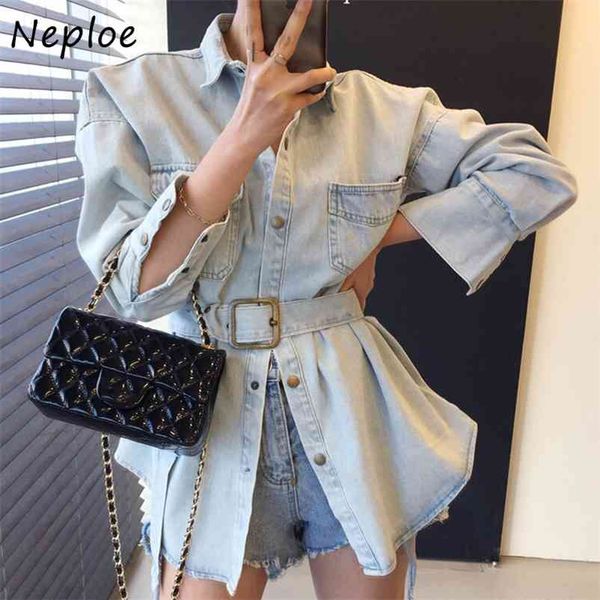 turn down collar long sleeve denim blouse women slim waist sashes solid blusas spring loose shirt feminino 210422, White
turn down collar long sleeve denim blouse women slim waist sashes solid blusas spring loose shirt feminino 210422, White