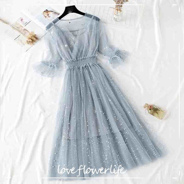 two piece women dress summer sweet short sleeve v-neck mesh dresses elastic waist ladies long party dress vestidos 210521, Black;gray
two piece women dress summer sweet short sleeve v-neck mesh dresses elastic waist ladies long party dress vestidos 210521, Black;gray