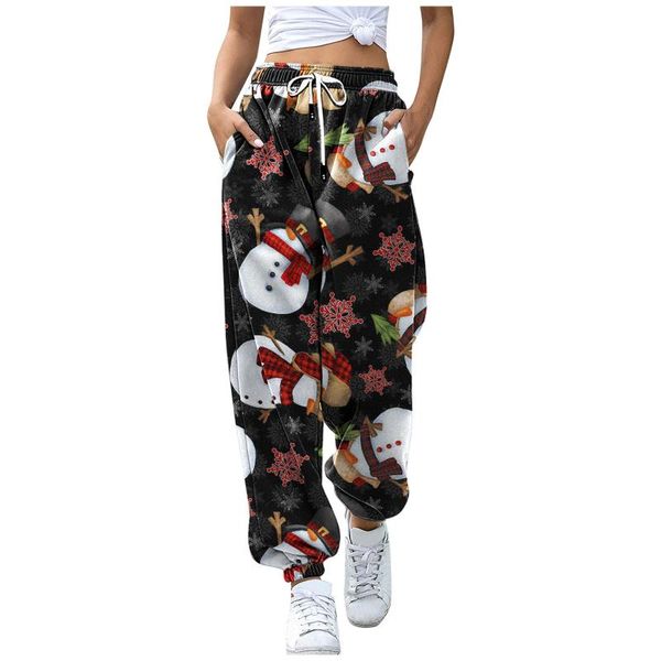 

women's pants & capris women christmas print bottom sweatpants pockets high waist sporty gym athletic fit jogger lounge trousers #58, Black;white