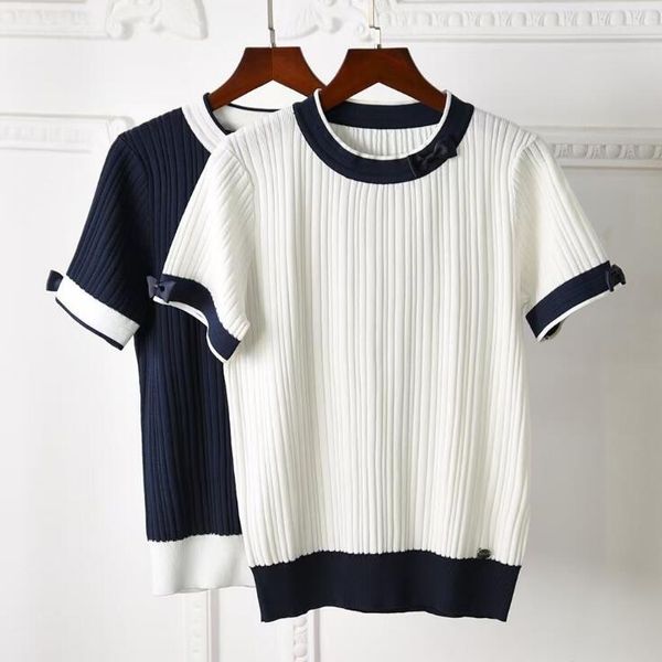 women's thin sweater knitted t-shirts tees bow crew neck color contrast white blue short sleeve lady loose summer high-quality tempera
women's thin sweater knitted t-shirts tees bow crew neck color contrast white blue short sleeve lady loose summer high-quality tempera