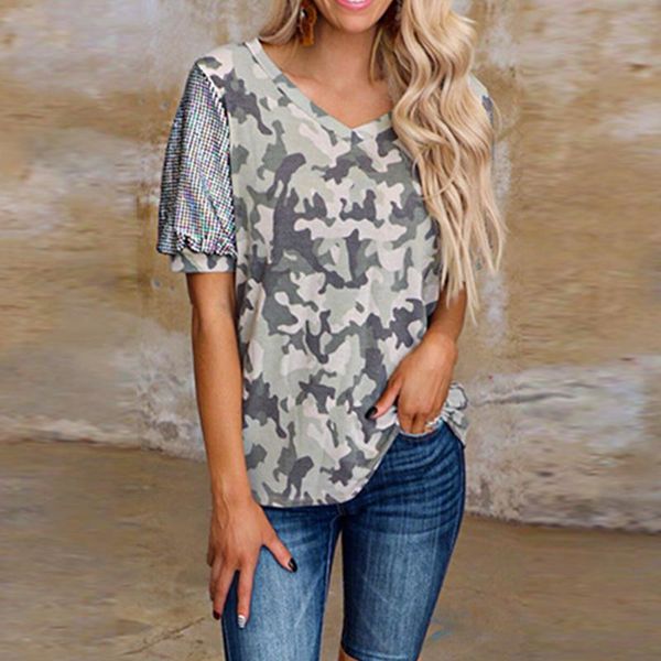 women's t-shirt summer camouflage print v neck t-shirts fashion female plaid patchwork lantern short sleeve women t shirt casual loose, White
women's t-shirt summer camouflage print v neck t-shirts fashion female plaid patchwork lantern short sleeve women t shirt casual loose, White