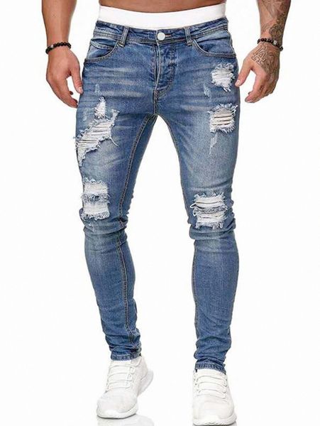 men ripped slant pocket jeans r5a9#, Blue 
men ripped slant pocket jeans r5a9#, Blue