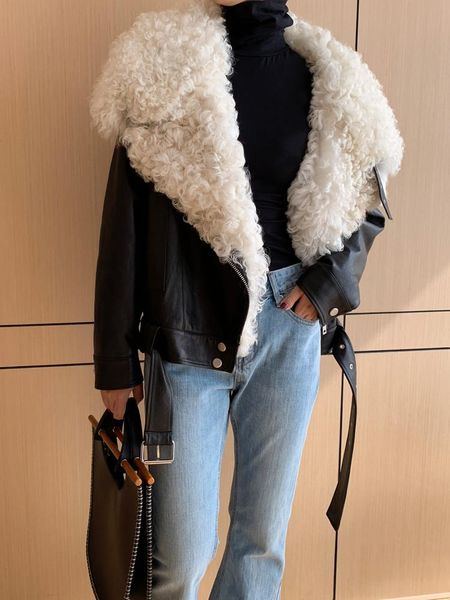 women's leather & faux 2021 down jacket women's short fur collar leisure fashion long sleeve sheep, Black
women's leather & faux 2021 down jacket women's short fur collar leisure fashion long sleeve sheep, Black