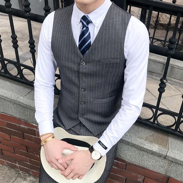men's vests suit vest gray striped v neck single breasted male gentleman business waistcoat groom costumes for wedding 2021, Black;white
men's vests suit vest gray striped v neck single breasted male gentleman business waistcoat groom costumes for wedding 2021, Black;white