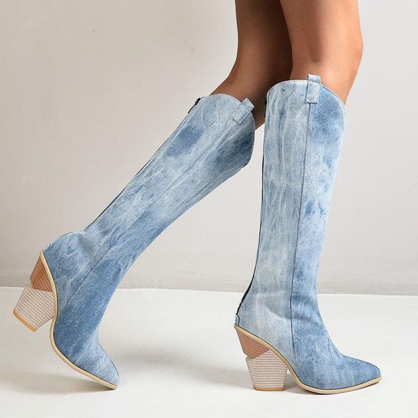 boots brand women fashion demin knee high zipper wedges heel long ladies pointed toe autumn winter shoe, Black 
boots brand women fashion demin knee high zipper wedges heel long ladies pointed toe autumn winter shoe, Black