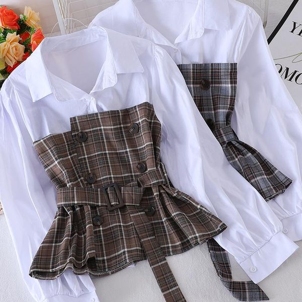 women's blouses & shirts retro fake two splicing plaid shirt women waist design long sleeve, White
women's blouses & shirts retro fake two splicing plaid shirt women waist design long sleeve, White