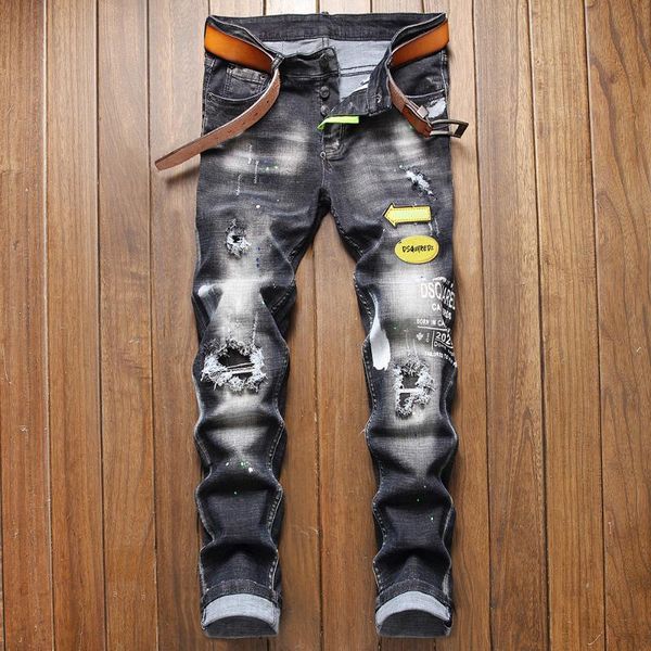 men's jeans retro black ripped hole patch slim stretch embroidered denim pants 2021 fashion casual streetwear male clothing, Blue
men's jeans retro black ripped hole patch slim stretch embroidered denim pants 2021 fashion casual streetwear male clothing, Blue