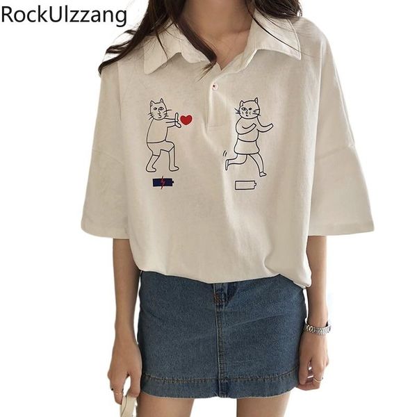 summer clothing women button turndown neck cat graphic cartoon cute loose t shirt fashion korean simple casual tee women's t-shirt, White
summer clothing women button turndown neck cat graphic cartoon cute loose t shirt fashion korean simple casual tee women's t-shirt, White