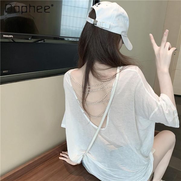 women's t-shirt 2021 summer hollow backless thin sun protection female lazy style top, White
women's t-shirt 2021 summer hollow backless thin sun protection female lazy style top, White