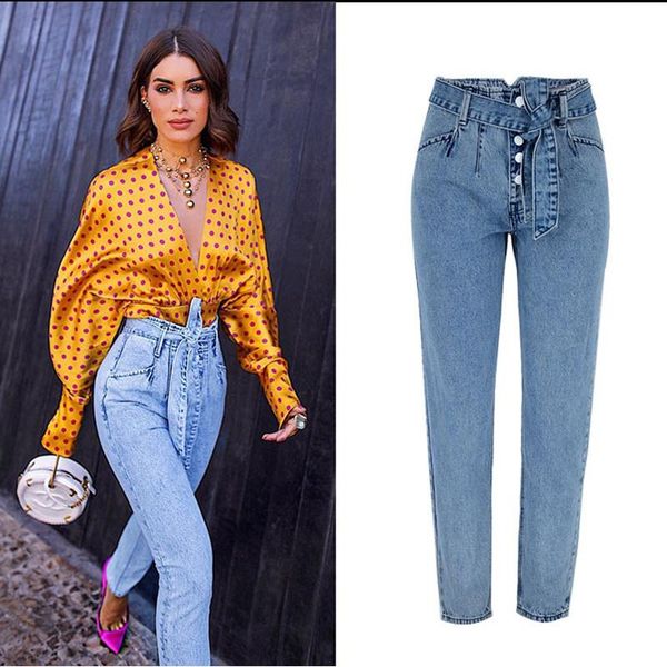 women's jeans women high waist paperbag belted pants, Blue
women's jeans women high waist paperbag belted pants, Blue