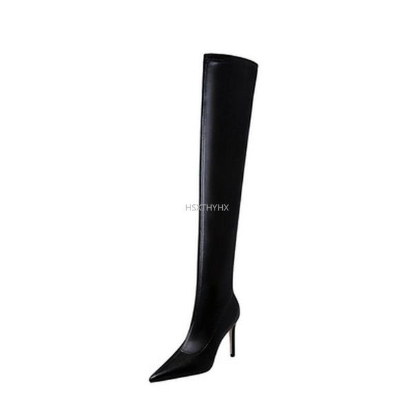 

boots 2021 fashion for women leather thigh high thick heels skinny over the knee winter warm female boot, Black