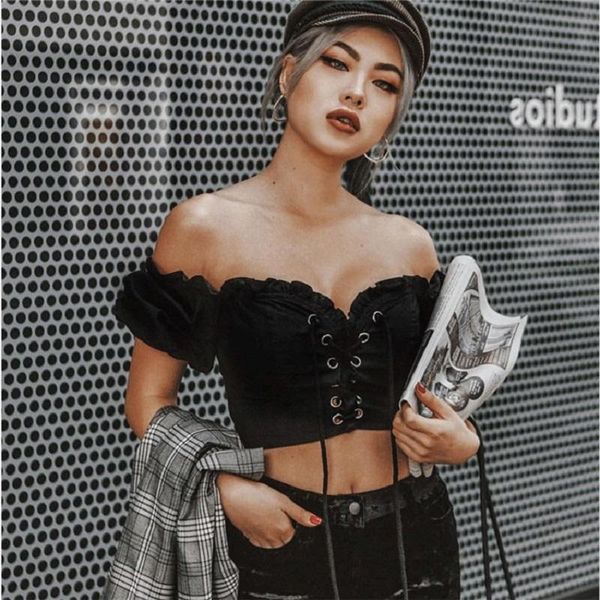 women's t-shirt women fashion off shouder crop tie up ruffle slim short-sleeved summer breather lady black, White
women's t-shirt women fashion off shouder crop tie up ruffle slim short-sleeved summer breather lady black, White