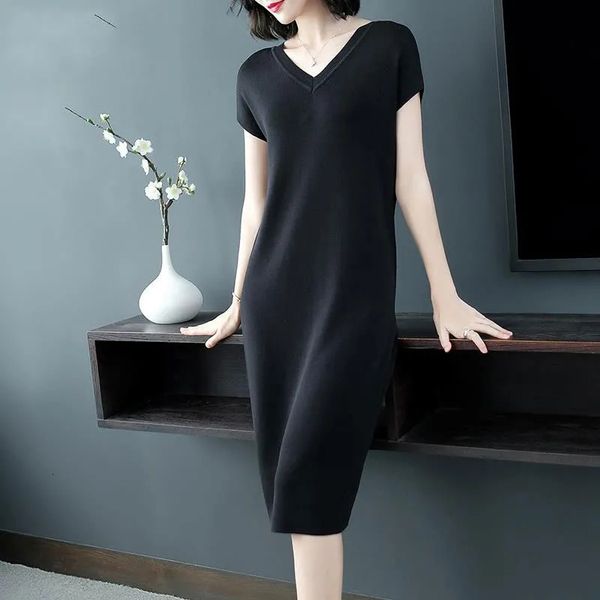 casual dresses basic solid v-neck short sleeve knitted knee-length female fashion summer straight large size women's clothing 4tt0, Black;gray 
casual dresses basic solid v-neck short sleeve knitted knee-length female fashion summer straight large size women's clothing 4tt0, Black;gray