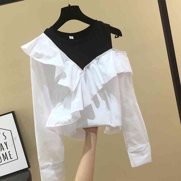 two pieces new design solid oblique shoulder ruffles patchwork o neck blouse women 210421, White
two pieces new design solid oblique shoulder ruffles patchwork o neck blouse women 210421, White
