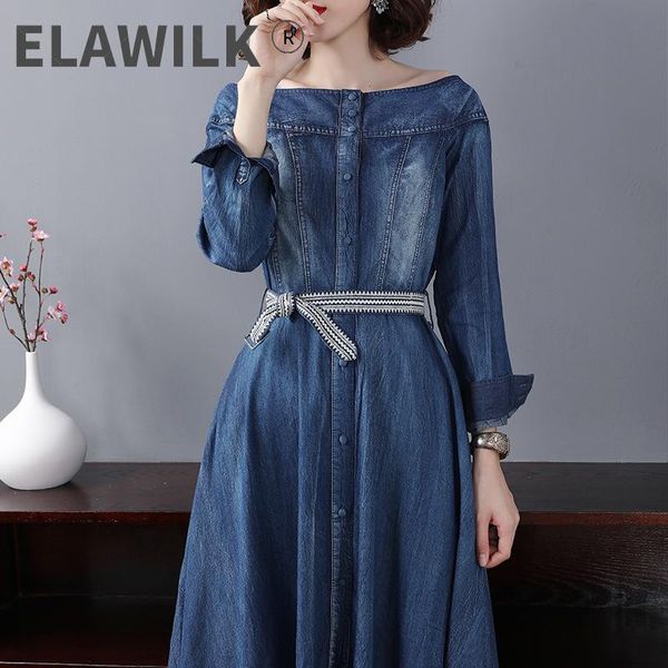 casual dresses elegant women denim dress 2021 female slash neck long sleevesingle breasted ankle-length off the shoulder blue jeans, Black;gray
casual dresses elegant women denim dress 2021 female slash neck long sleevesingle breasted ankle-length off the shoulder blue jeans, Black;gray