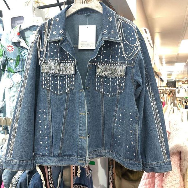 women's jackets autumn 2021 korean version loose heavy industry nail bead with diamond retro old denim coat for women, Black;brown
women's jackets autumn 2021 korean version loose heavy industry nail bead with diamond retro old denim coat for women, Black;brown